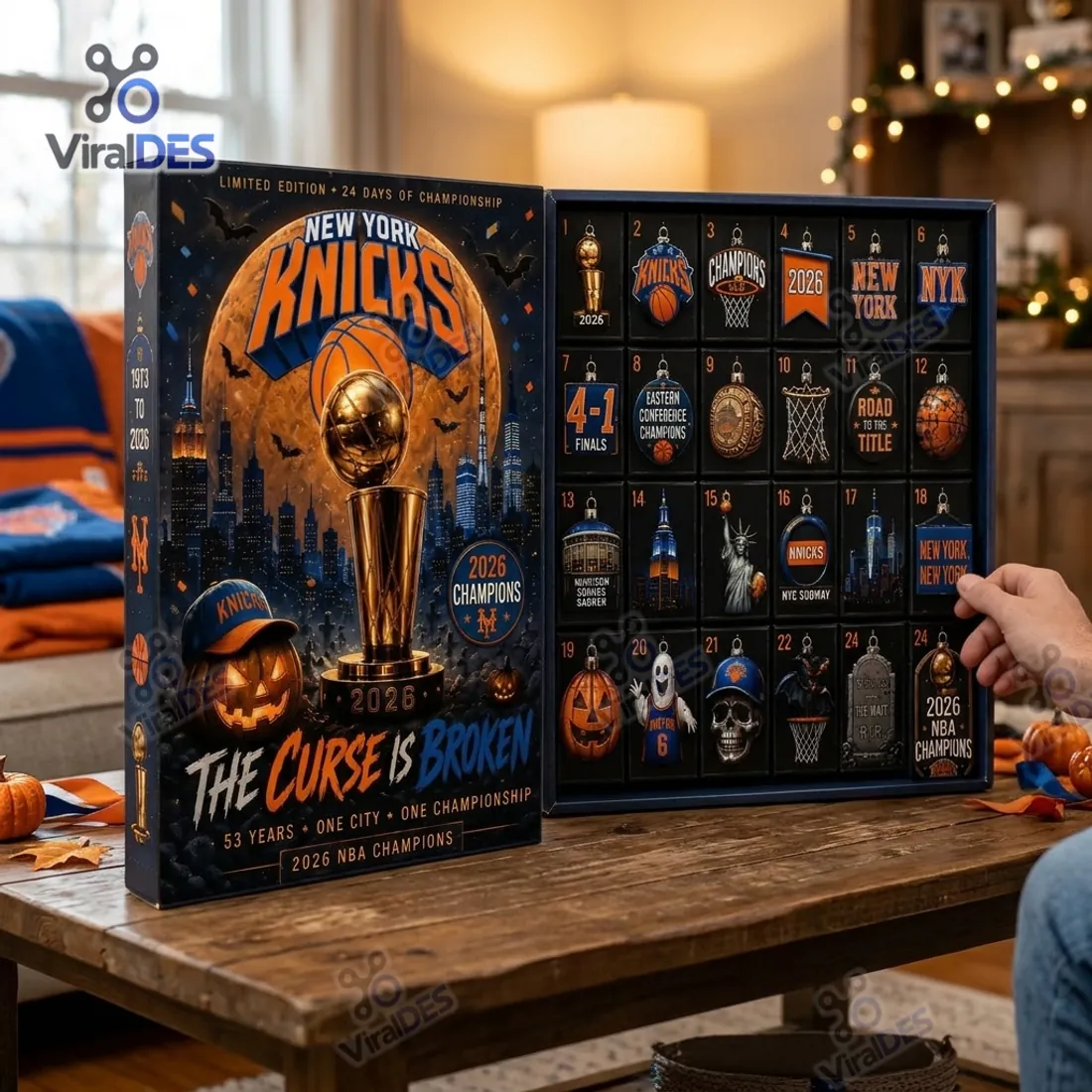 Close-up of the New York Knicks 2026 Advent Calendar on a coffee table with hand reaching for ornament 18