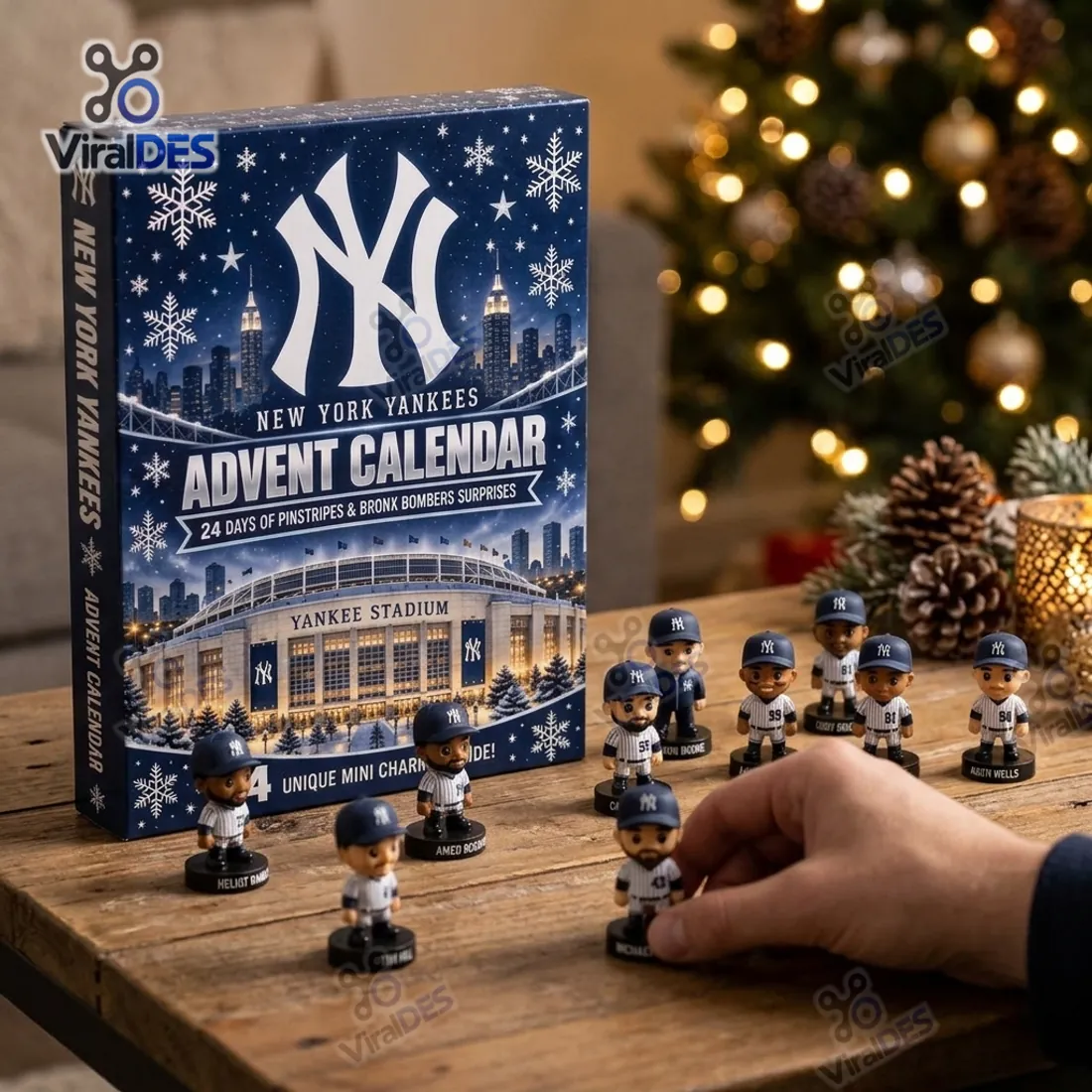 New York Yankees Advent Calendar collector box displayed on a wooden table with freestanding 3D pinstripe player figurines