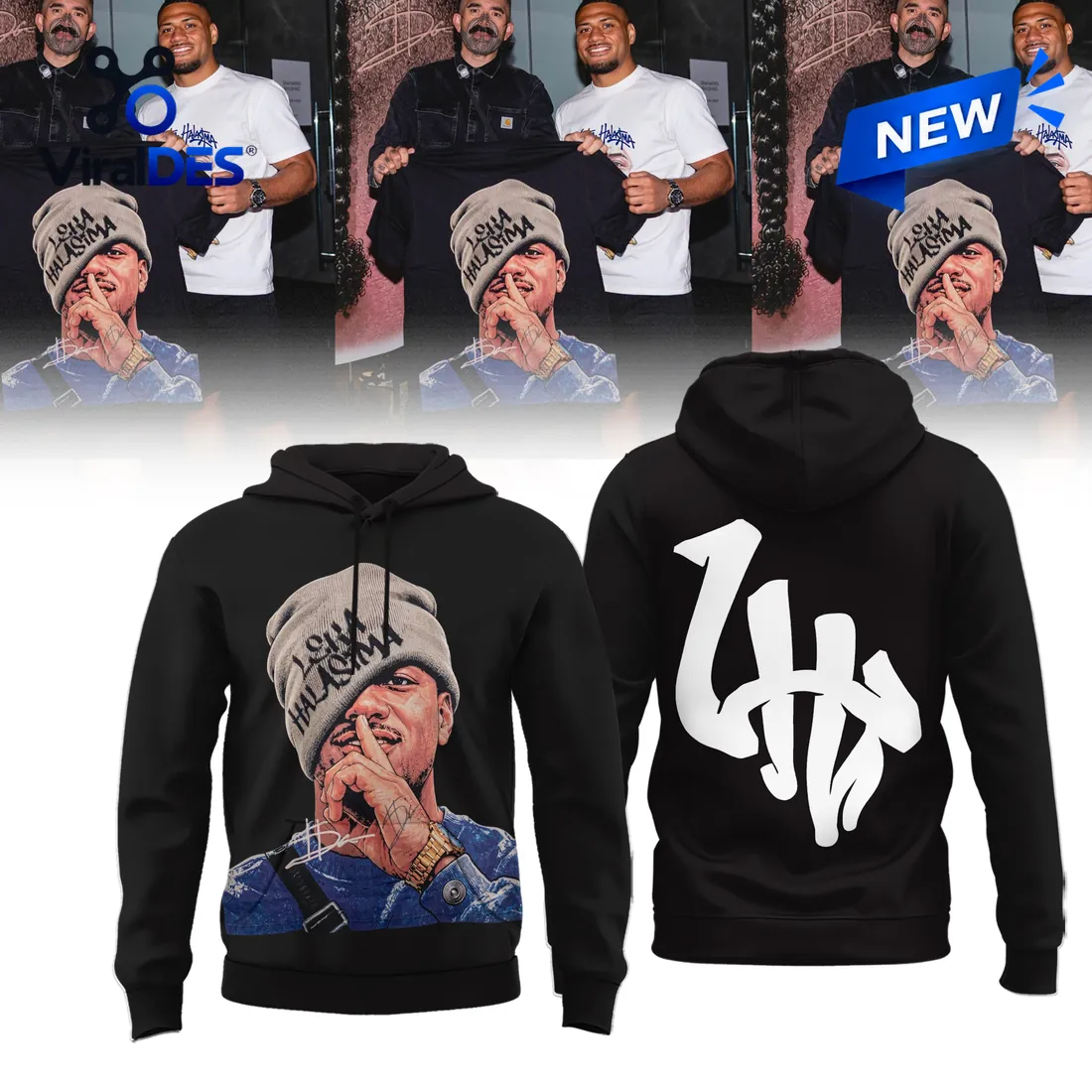Front and back view of the New Zealand Warriors Leka Halasima Black Hoodie showing the white LH back monogram