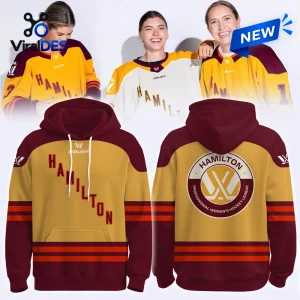 Front and back view of the PWHL Hamilton 2026 Maroon Gold Hoodie featuring team lettering and a round logo on the back.