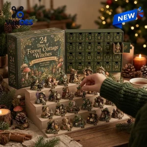 Front view of Forest Cottage Witches Advent Calendar with numbered drawers and 24 miniature witch figures.