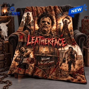 Front view of Leatherface Horror Movie Sepia Fleece Blanket draped on armchair with movie collage panels.