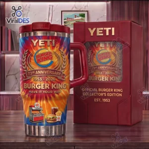Front view of the Burger King 73rd Anniversary Handle Tumbler Cup with matching box.