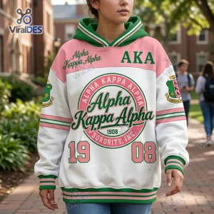 Front view of an Alpha Kappa AKA sorority hoodie in white, pink, and green with typography.