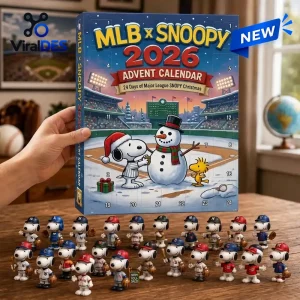 Front view of MLB x Snoopy 2026 Advent Calendar box with figures on table.