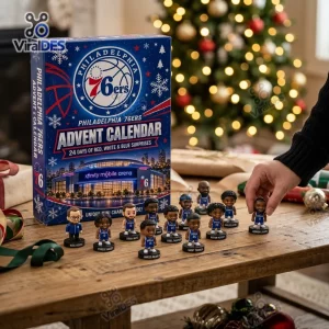 Front view of Philadelphia 76ers Basketball Advent Calendar 2026 with mini figurines on a table.