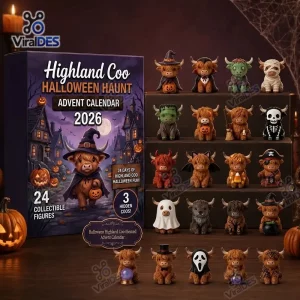 Front view of the Highland Coo Halloween Haunt Advent Calendar 2026 box alongside twenty-four mini figurines.