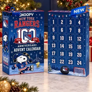 Front view of the Snoopy x New York Rangers 100th Anniversary Advent Calendar box featuring hockey designs.