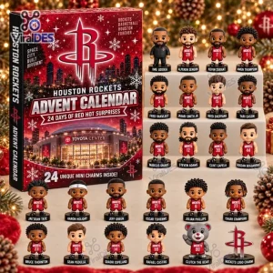 Front view of Houston Rockets Basketball Advent Calendar box alongside 24 mini figurine charms.