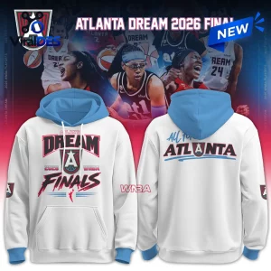 Front and back views of an Atlanta Dream 2026 WNBA Finals White Hoodie with blue accents.