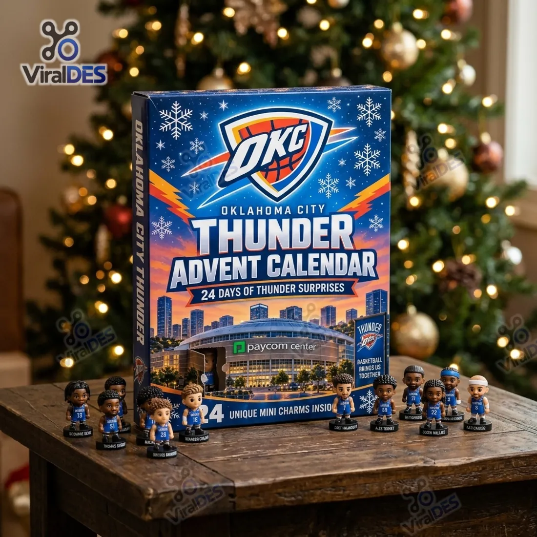 Oklahoma City Thunder 2026 Advent Calendar standing on a rustic wood tabletop with an open perforated compartment door and freestanding 3D player figurines