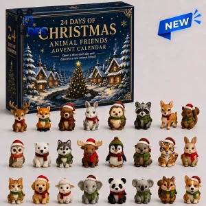 Front view of the Animal Friends Christmas Advent Calendar box with twenty-four miniature festive animal figures arranged in rows.
