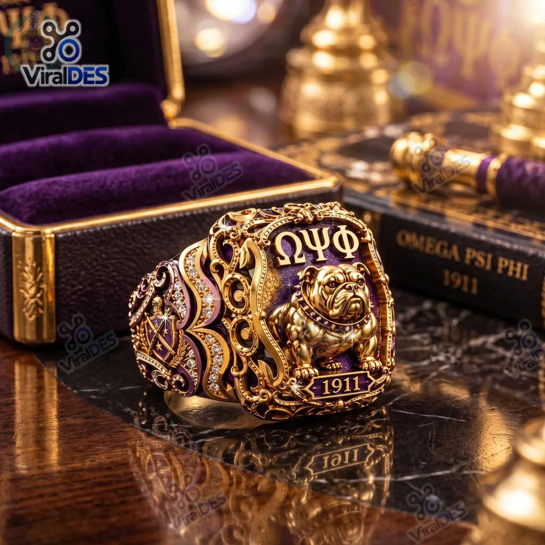Close-up of the Omega Psi Phi Gold Bulldog Ring displaying the 3D gold bulldog, ΩΨΦ letters, 1911 banner, and heraldic shield shank