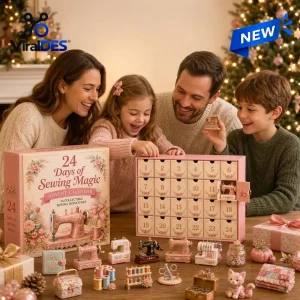 Family opening the Merry Christmas Sewing Magic Advent Calendar with miniature sewing machines on table.