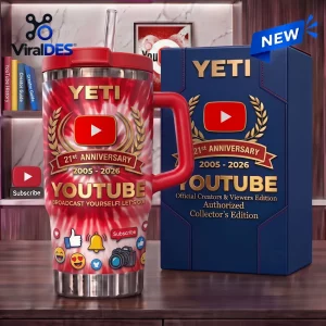 Front view of the YouTube 21st Anniversary handle tumbler in red with social media icons.