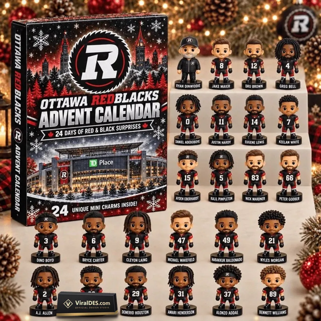 Ottawa Redblacks 2026 Advent Calendar box displayed beside 24 miniature player and coach figurines on tiered stands