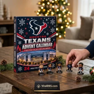 Front view of Houston Texans NFL 2026 Advent Calendar box on a wooden table with miniature player figurines.