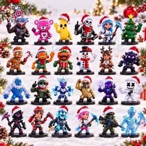 Collection of holiday-themed character figures arranged on snow for Fortnite Advent Calendar 2026.
