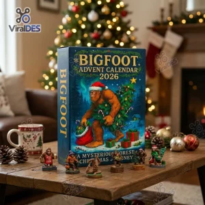 Front view of the Bigfoot 2026 Advent Calendar box on a wooden table with mini figures.