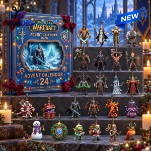 Front view of the World of Warcraft 2026 Advent Calendar box alongside twenty-four miniature figurine collectibles.