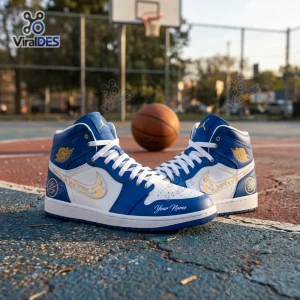Blue and white Stephen Curry Air Jordan 1 high top sneakers on outdoor basketball court.