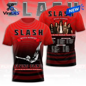Front and back view of red and black Slash Myles Kennedy World Tour 2027 shirt.