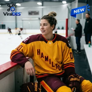 Player wearing gold and maroon PWHL Hamilton 2026 Customized Hockey Jersey sitting on a rink bench.