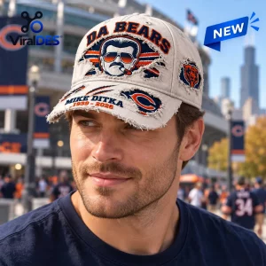 Front view of a man wearing a distressed Chicago Bears Mike Ditka baseball cap with frayed edges.