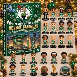 Front view of Boston Celtics 2026 Advent Calendar box alongside twenty four mini character figurines.