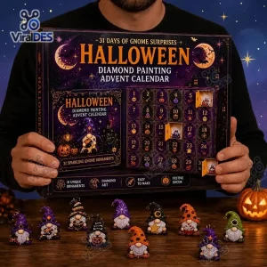 Front view of a person holding the Halloween Gnome Diamond Painting Advent Calendar with finished figures.