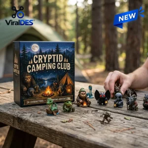 Front view of Cryptid Camping Club Advent Calendar 2026 with miniature figurines on wooden table.