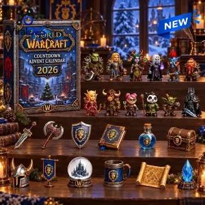 Front view of the World of Warcraft 2026 Countdown Advent Calendar box with various toy figurines and items.