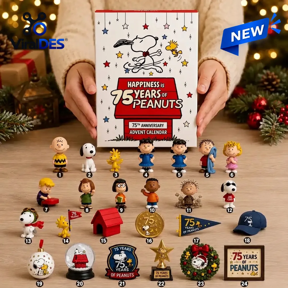 Complete numbered 1 to 24 lineup of the Peanuts 75th Anniversary Collectible Advent Calendar showing all character figurines and commemorative keepsakes