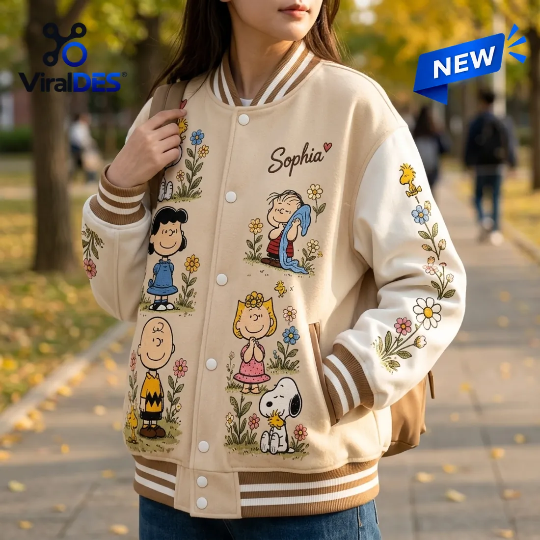 Peanuts Gang Custom Name Varsity Jacket in modern streetwear outfit