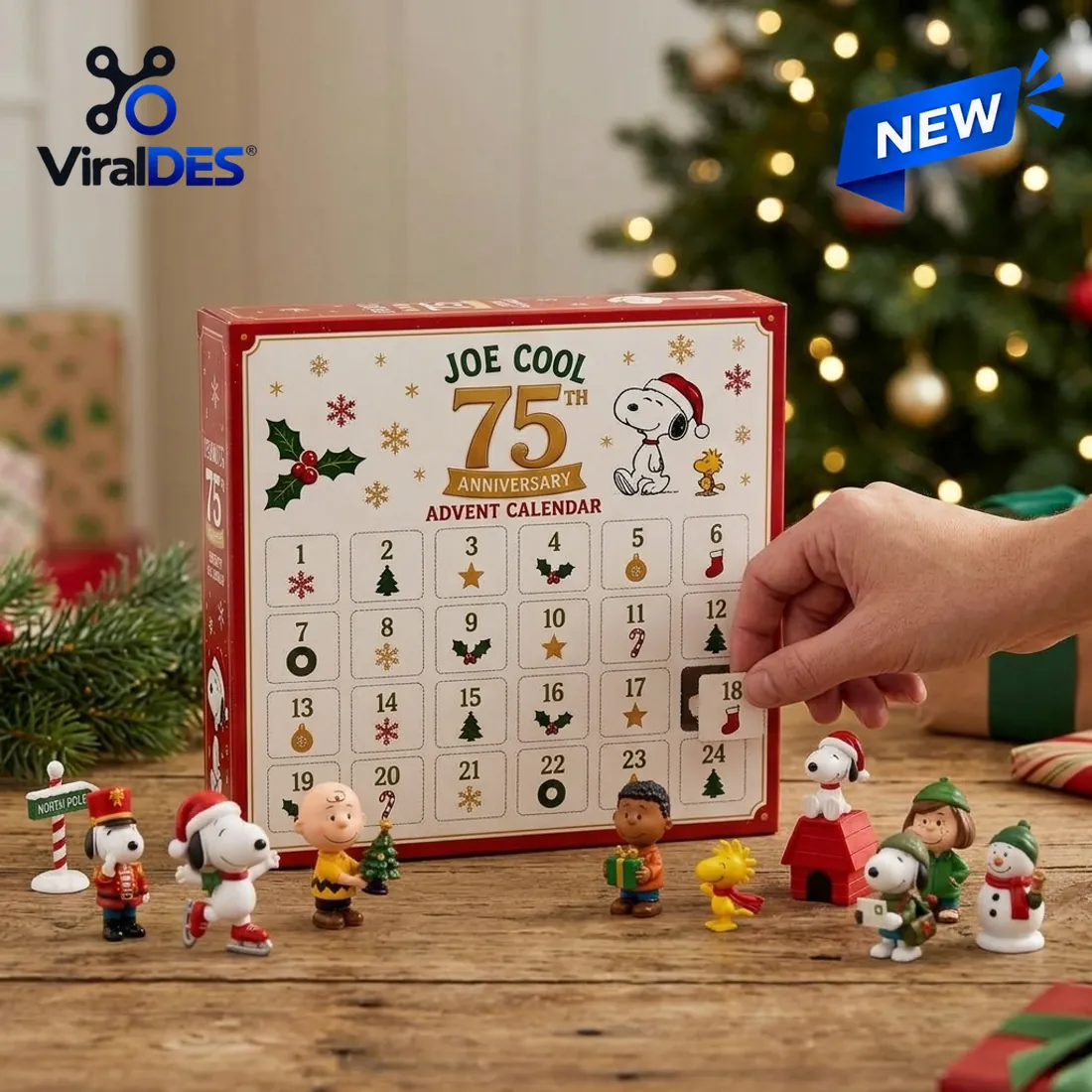 Hand opening door 18 on the Peanuts Joe Cool 75th Anniversary Christmas Advent Calendar beside miniature figures