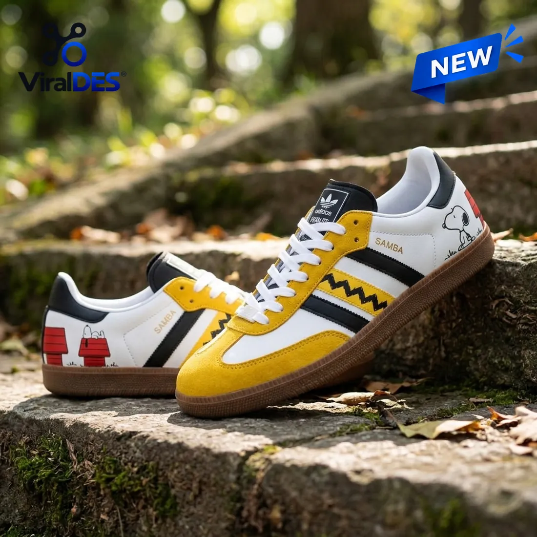 Side view of Peanuts Snoopy Charlie Brown Zigzag Adidas Samba Shoes on stone steps outdoors.