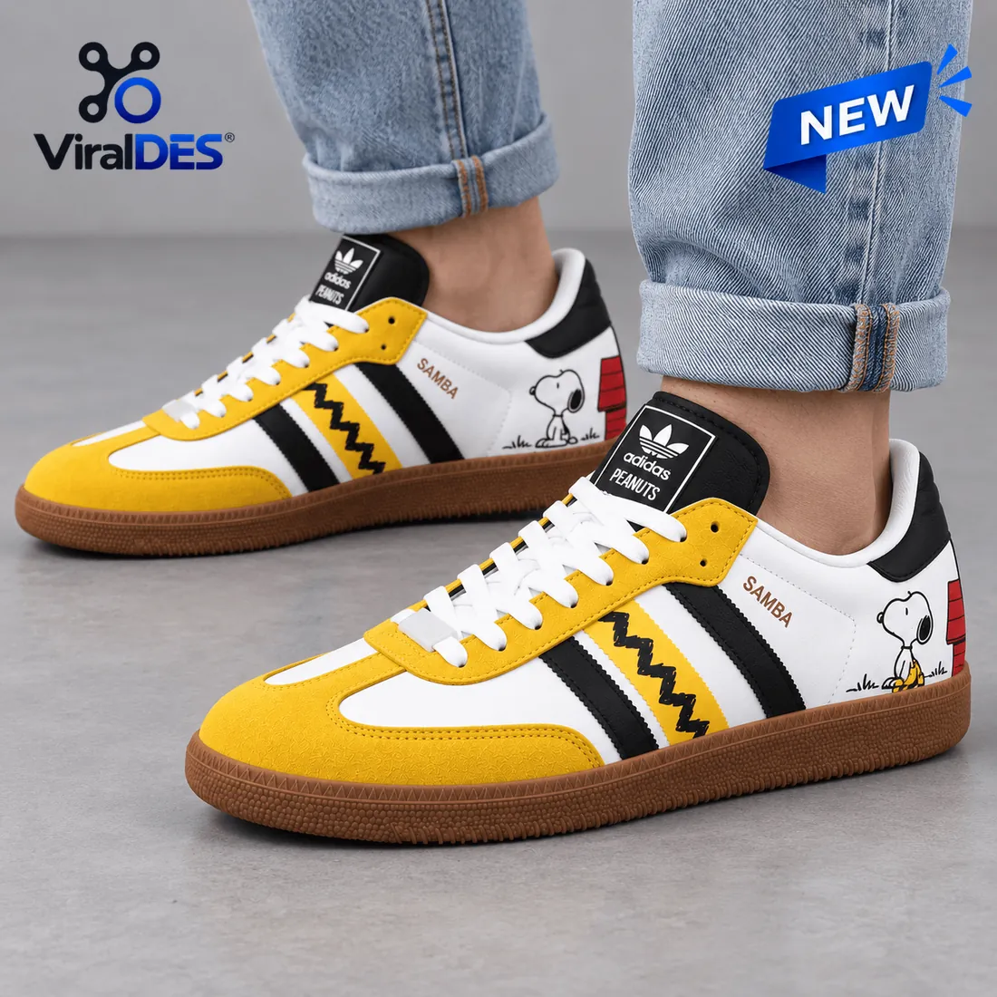 On-feet view of Peanuts Snoopy Charlie Brown Zigzag Adidas Samba Shoes with yellow and white panels.