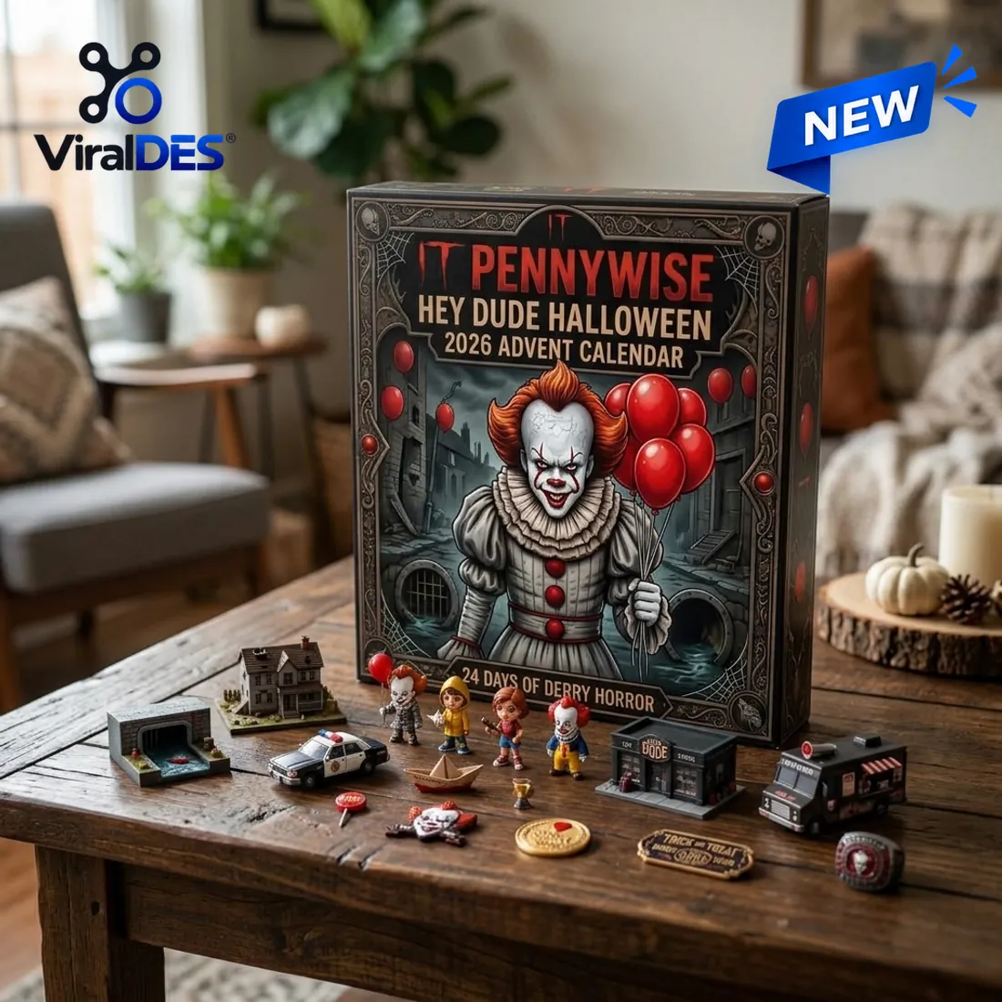 Pennywise IT Halloween Advent Calendar 2026 box on a dark wooden table surrounded by miniature Derry sewer drain, Neibolt house, S.S. Georgie boat, and figurines
