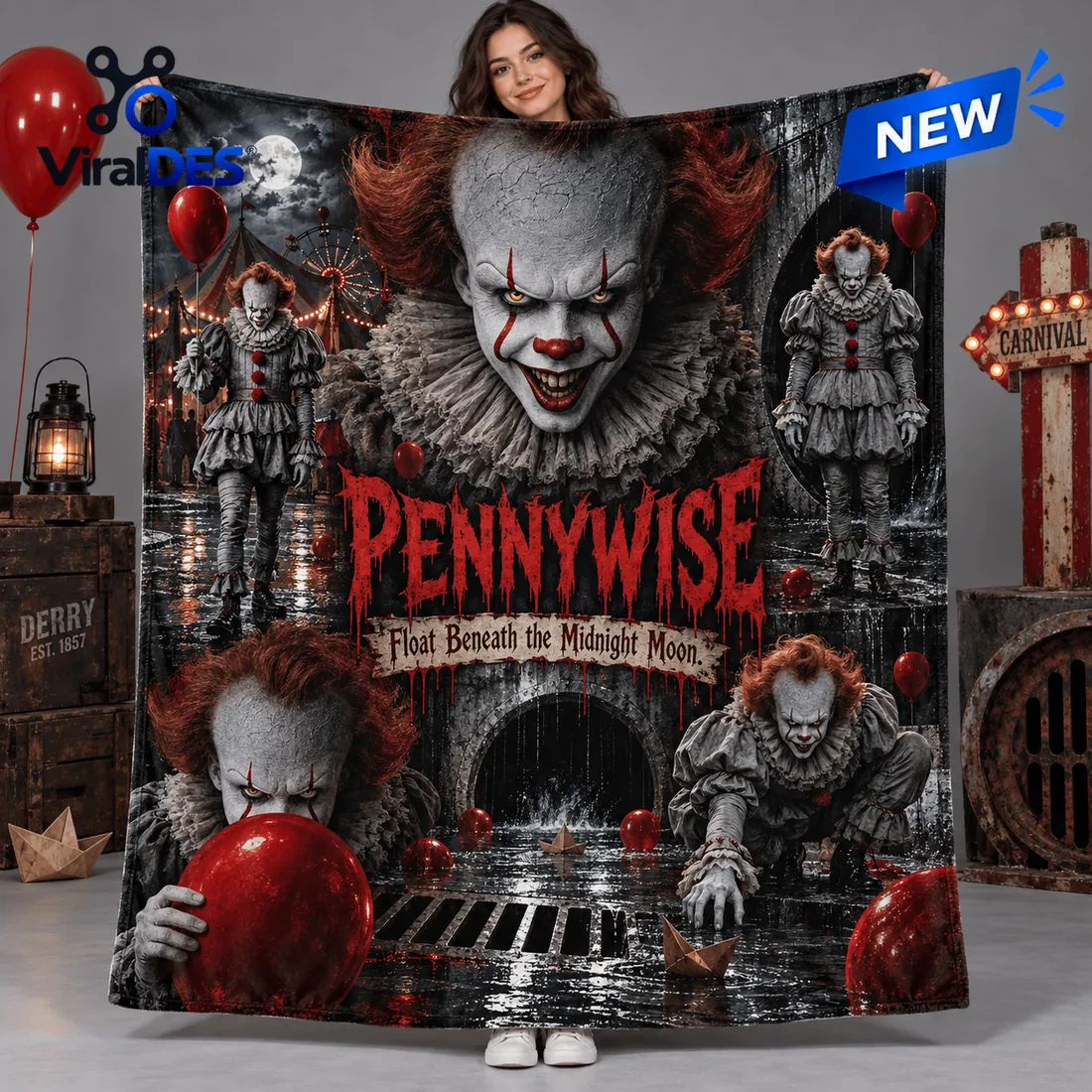 Pennywise Portrait Red Balloons Fleece Blanket Pennywise Portrait Red Balloons Fleece Blanket