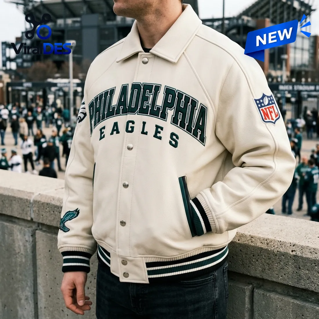 Philadelphia Eagles Cream Varsity Jacket shown in relaxed casual setting