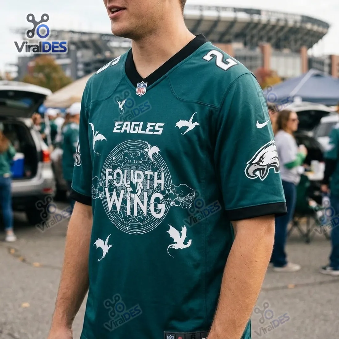 Close-up front view of the Philadelphia Eagles Fourth Wing Football Jersey worn at a stadium tailgate