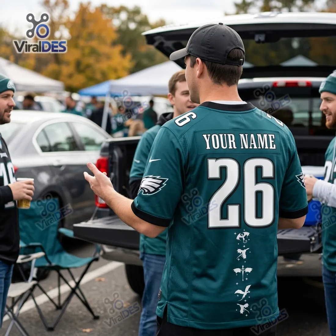 Rear view of the Philadelphia Eagles Fourth Wing Football Jersey at a pickup truck tailgate showing custom nameplate, number 26, and vertical dragon column