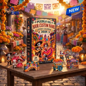 Front view of Pueblo Del Dia De Muertos 2026 Advent Calendar with figurine ornaments on a wooden table.
