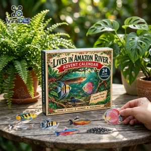 Front view of an Amazon River Fish Species 2026 Advent Calendar box with acrylic ornaments on a wooden table.