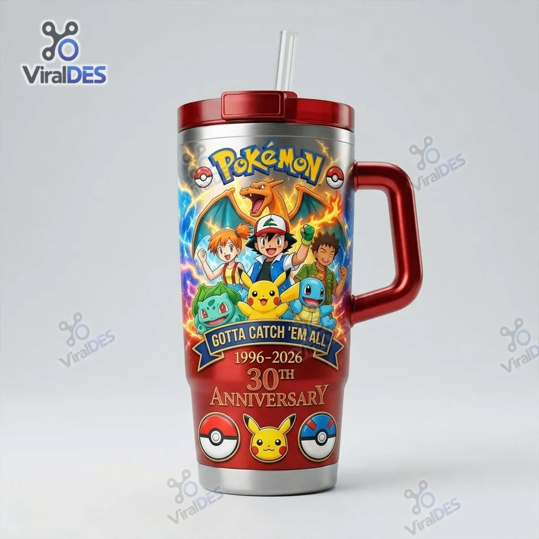 Front view of the Pokemon Gotta Catch Em All 30th Anniversary Tumbler displaying Charizard, Ash, Misty, Brock, Pikachu, Bulbasaur, and Squirtle