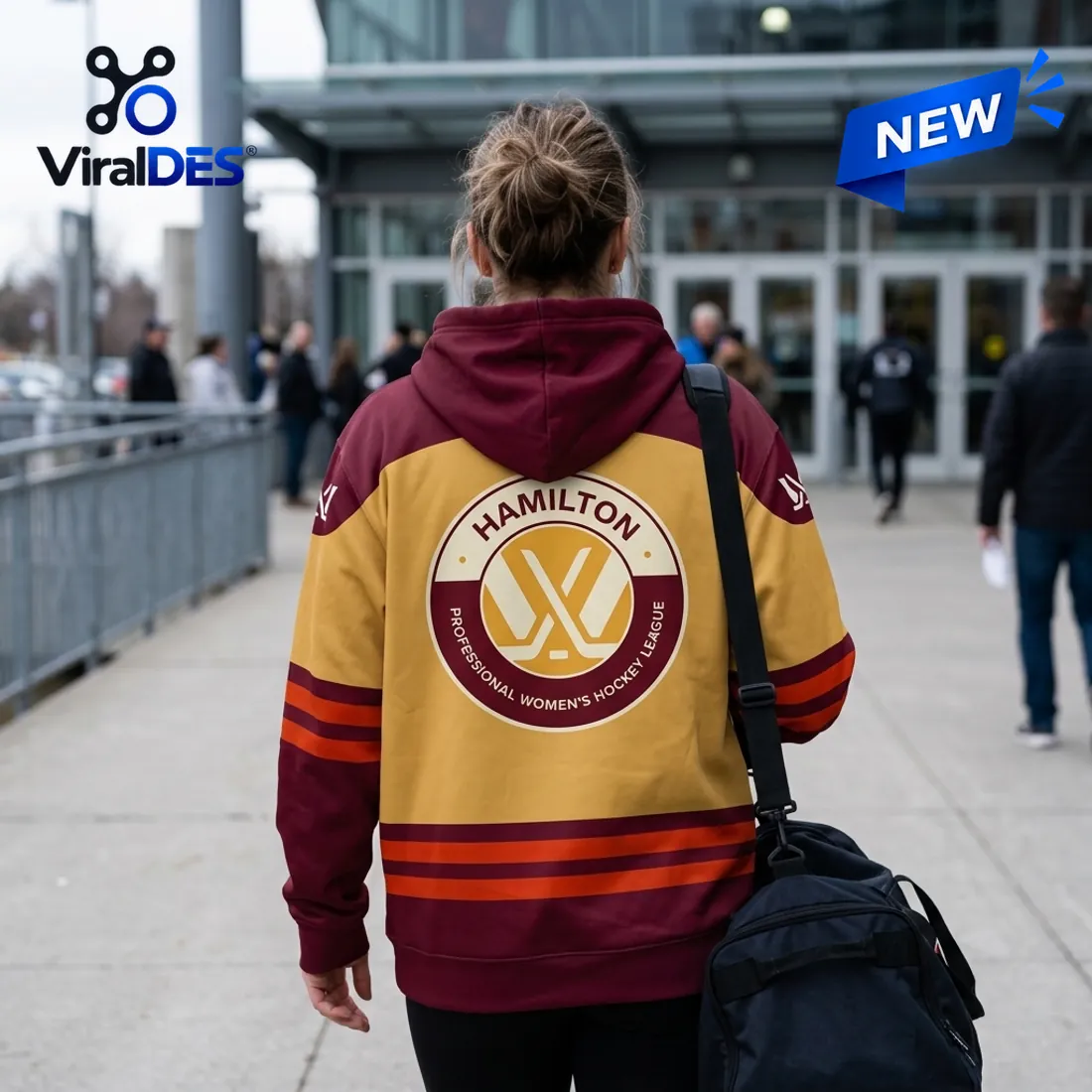 Back view of the PWHL Hamilton 2026 Maroon Gold Hoodie featuring the circular Professional Women's Hockey League seal