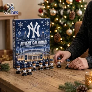 Front view of New York Yankees advent calendar with miniature figurines displayed on table.
