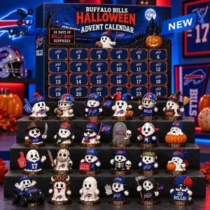 Front view of Buffalo Bills spooky ghost advent calendar with numbered compartments and twenty-four figurines displayed.