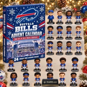 Front view of Buffalo Bills NFL Football Advent Calendar 2026 with 24 mini figures displayed on tiered stands.