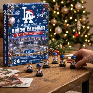 Front view of Los Angeles Dodgers Baseball Advent Calendar box with small figurines on table.